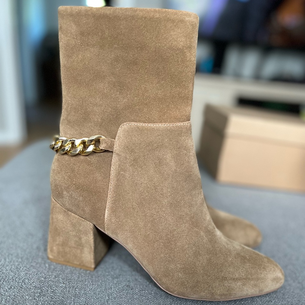 Tan heeled booties with chain detail